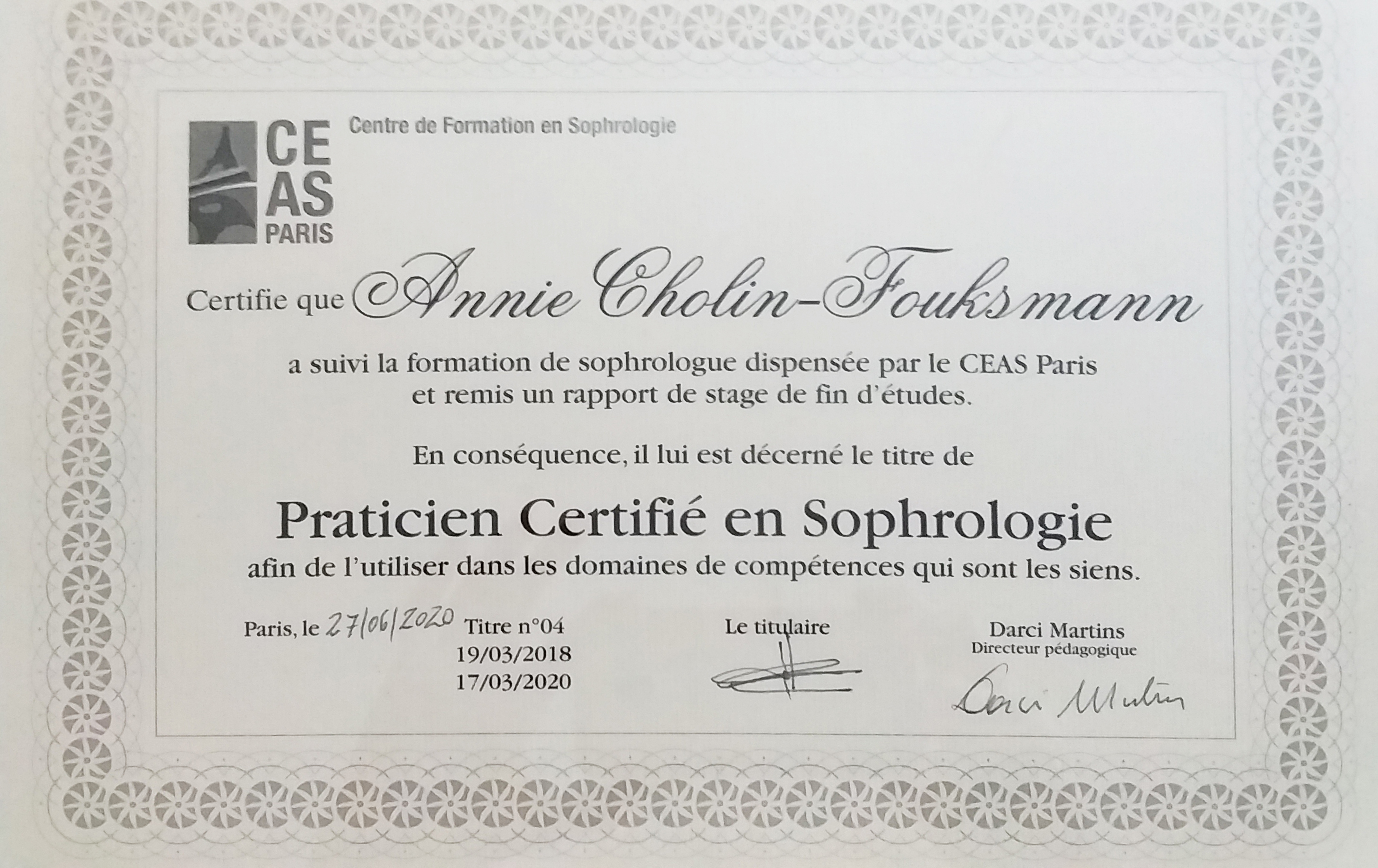 Certification praticienne certifiée en sophrologie